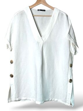 ZARA Linen Blend Oversize Popover Top Button Side Detail Pleat Front US Sz L